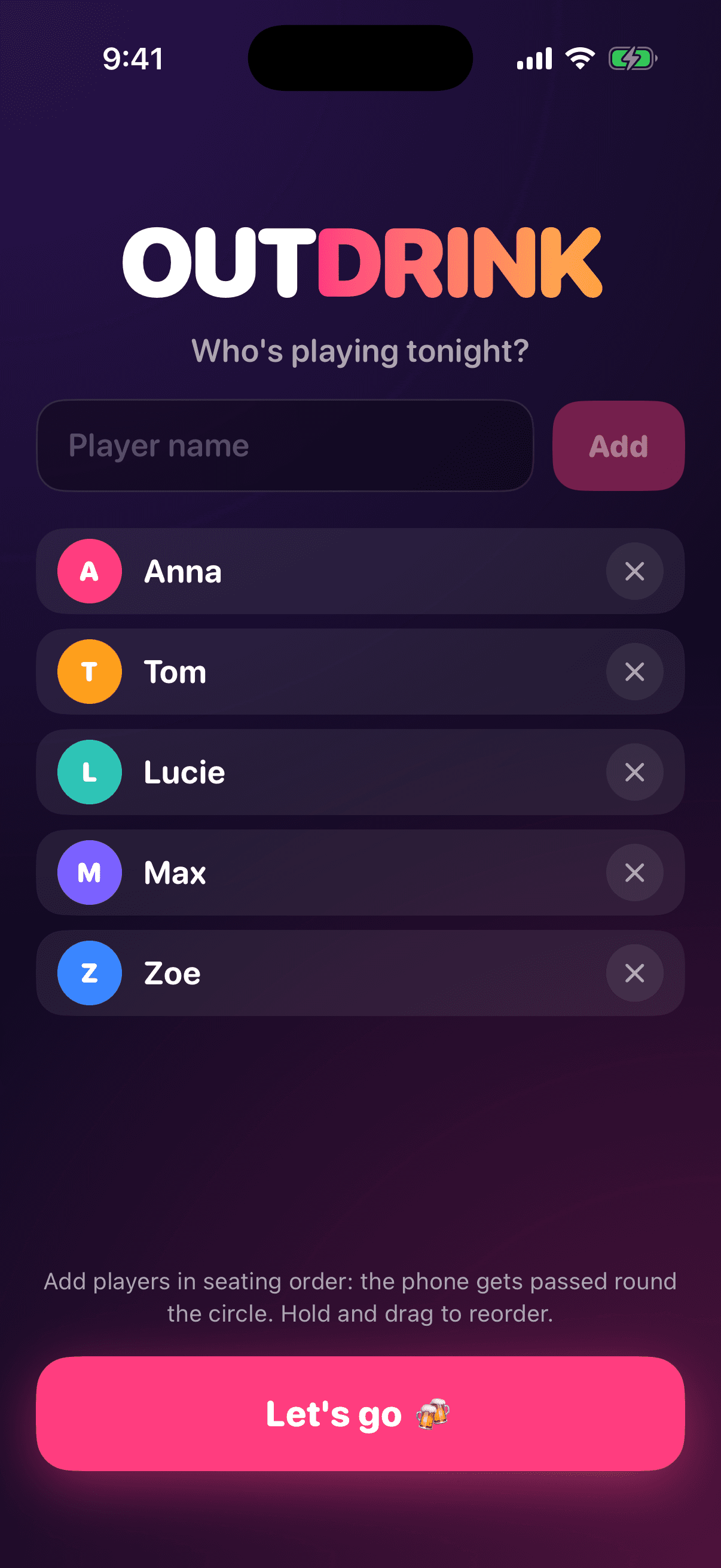 Who's playing tonight? Anna, Tom, Lucie, Max and Zoe added in seating order