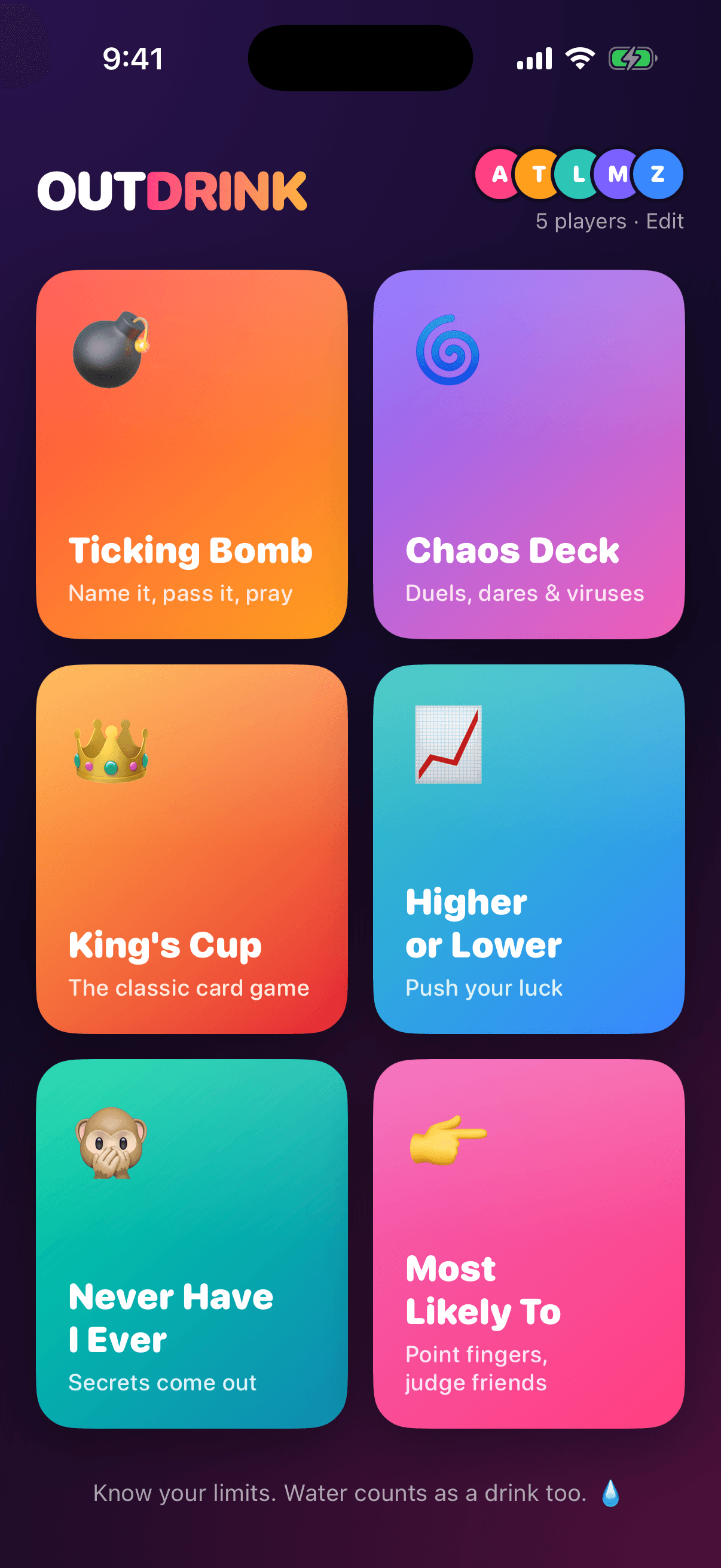 Outdrink home screen: six game tiles and the five players at the table