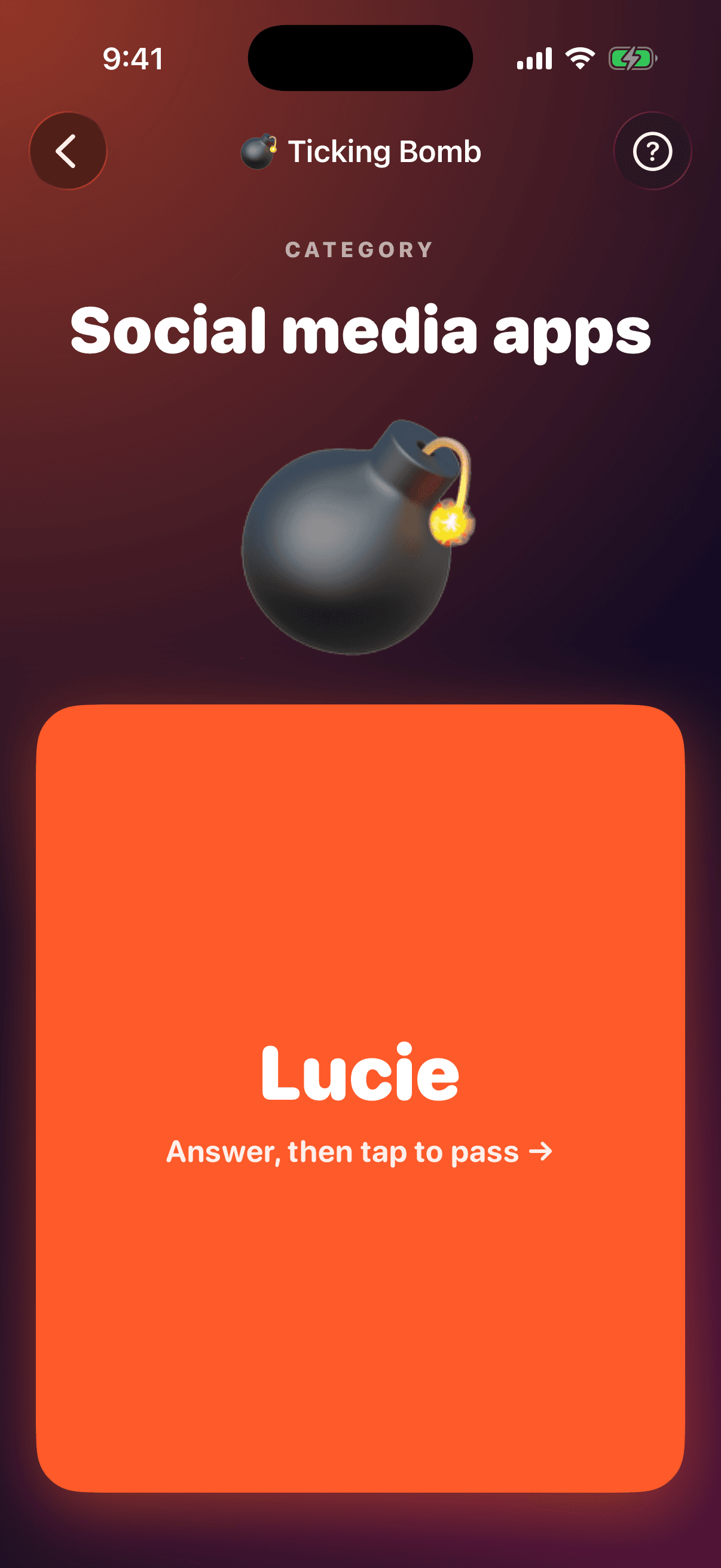 Ticking Bomb: the category is Social media apps and Lucie is holding the bomb