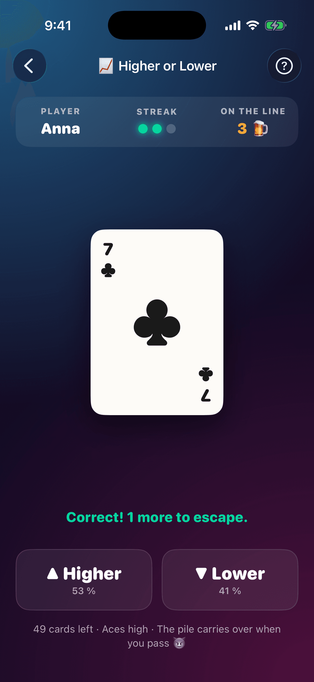 Higher or Lower: Anna is on a streak of two with 3 sips on the line, and the odds on each button