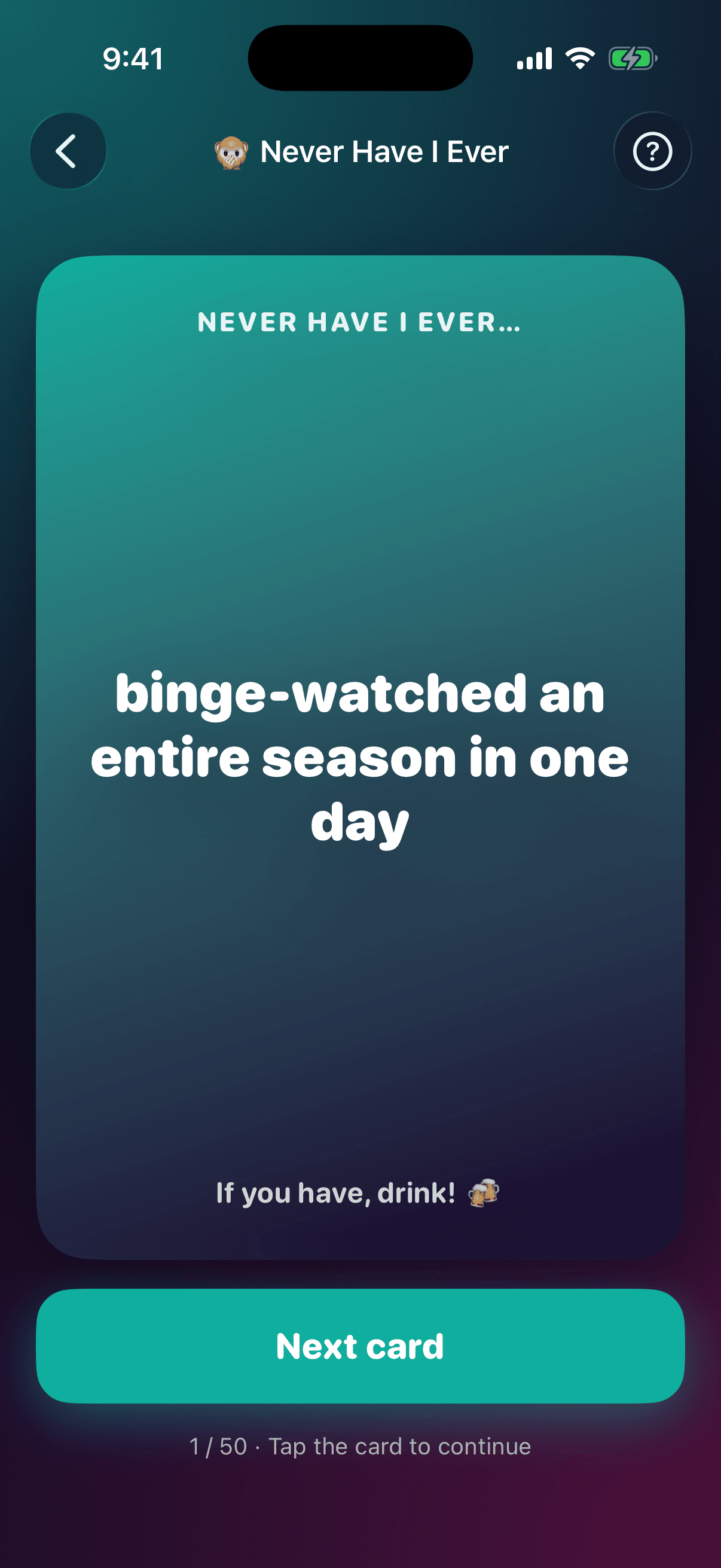 Never Have I Ever card: binge-watched an entire season in one day
