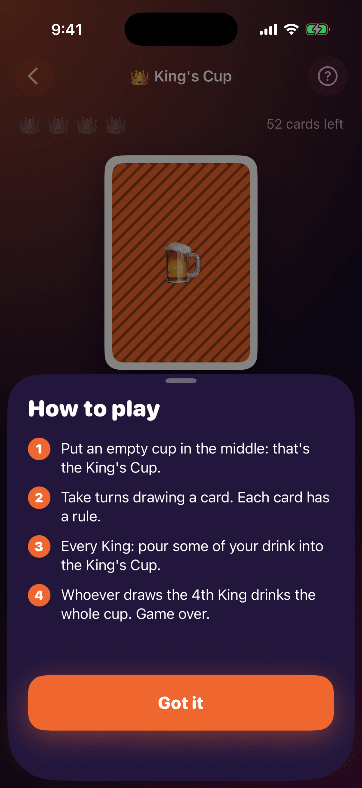 King’s Cup How to play sheet with the four rules of the game